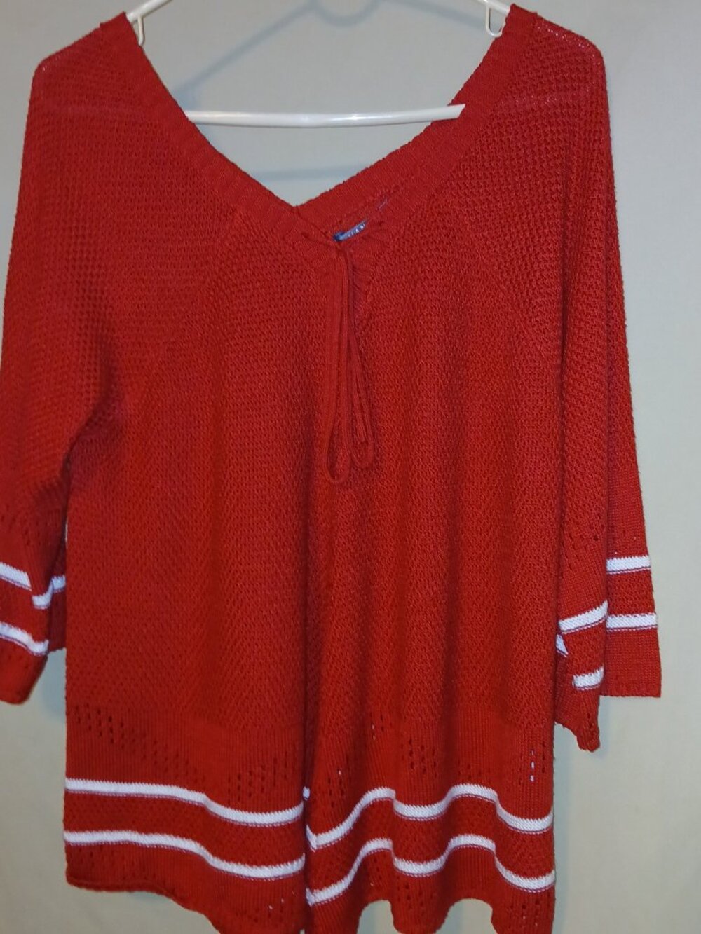 Hannah Red Knit V-Neck Sweater with White Varsity Stripes Women's XL